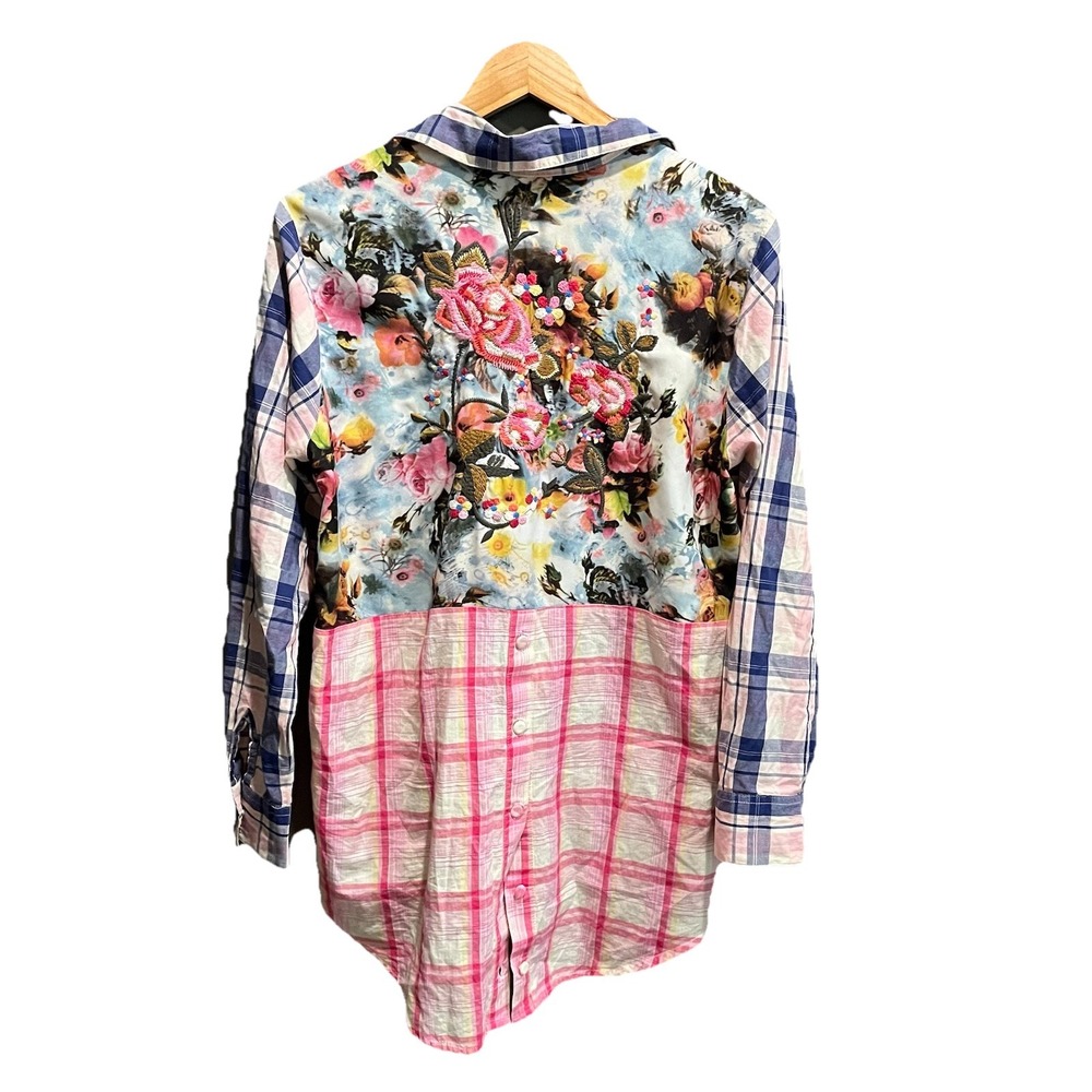 Soft Surroundings Button Down Plaid Floral Embroidered Women's Top Size Large - Picture 2 of 5